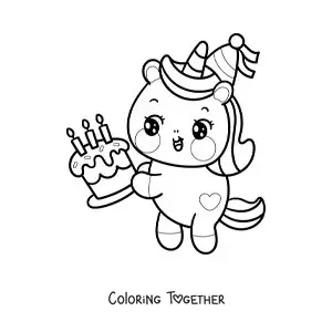 Coloring page of a kawaii birthday unicorn with a birthday cake