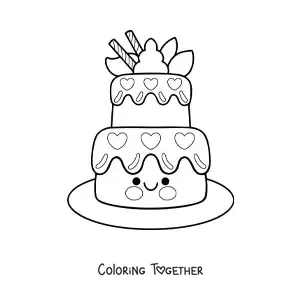 Coloring page of an animated kawaii birthday cake