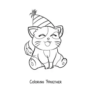 Coloring page of an animated kawaii birthday kitten