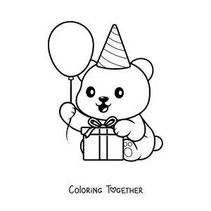 Coloring page of a kawaii birthday bear with a gift and a balloon