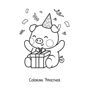 Coloring page of a kawaii birthday pig sitting with a gift and confetti