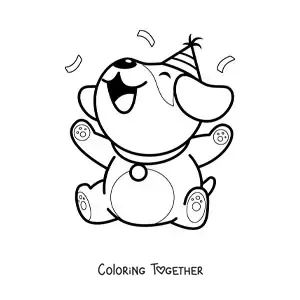 Coloring page of an animated kawaii birthday puppy