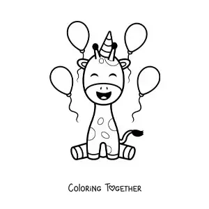 Coloring page of an animated kawaii birthday giraffe