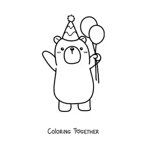 Coloring page of a kawaii birthday bear with a balloon and a party hat