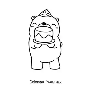 Coloring page of a kawaii birthday bear with a cake and a party hat