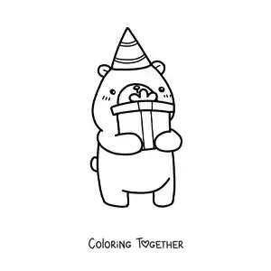 Coloring page of a kawaii birthday bear with a gift and a party hat