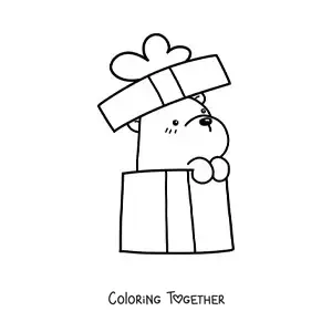 Coloring page of a kawaii birthday bear coming out of a gift box