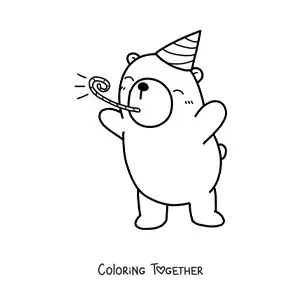Coloring page of a kawaii birthday bear celebrating with a party hat and a whistle