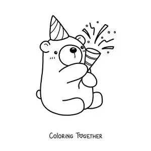 Coloring page of a kawaii birthday bear sitting with confetti