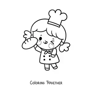 Coloring page of an animated kawaii baker girl