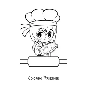 Coloring page of a kawaii anime baker girl