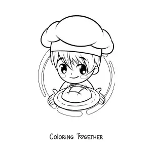 Coloring page of a kawaii anime baker boy