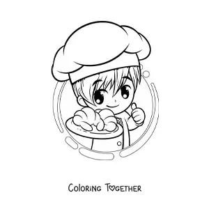 Coloring page of a kawaii baker boy with a croissant