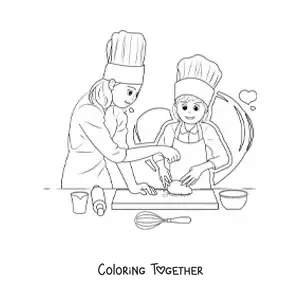 Coloring page of a mother and daughter baking bread