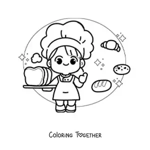 Coloring page of a kawaii baker girl with a croissant and other breads