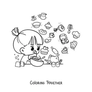Coloring page of a kawaii girl baking bread with ingredients