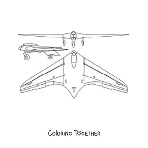 Coloring page of a warplane shown from the front, from above and from the side