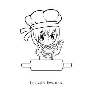 Coloring page of a kawaii baker girl with a rolling pin