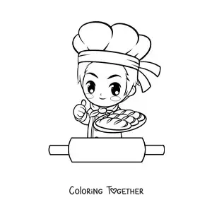 Coloring page of a kawaii baker chef with a rolling pin
