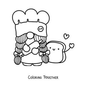 Coloring page of a kawaii baker gnome with a rolling pin