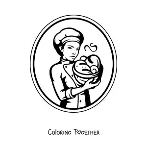 Coloring page of an easy woman baker with a basket of bread