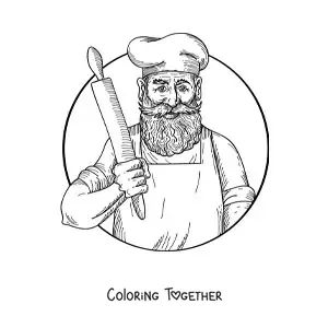 Coloring page of a realistic baker with a rolling pin
