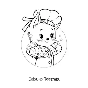 Coloring page of a cute anime style baker puppy with a croissant