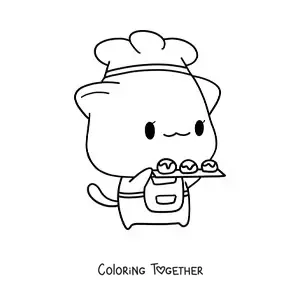 Coloring page of a cute anime style baker kitten with a tray of desserts