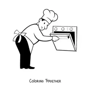 Coloring page of a baker chef opening the oven