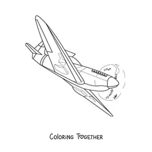 Coloring page of a warplane flying sideways