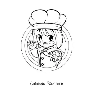 Coloring page of a cute girl cook with a pizza