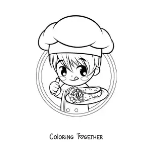 Coloring page of a cute boy cook with a taco