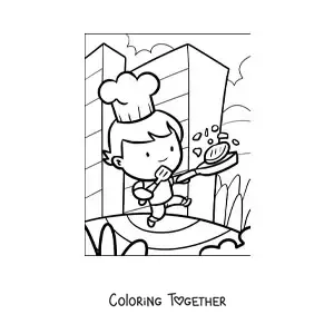 Coloring page of a cartoon of a boy cook cooking