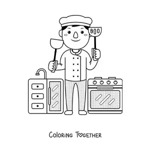 Coloring page of a cute animated cook in the kitchen