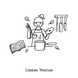 Coloring page of a girl cooking a soup in the kitchen