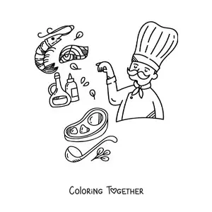 Coloring page of a chef cooking meat with ingredients