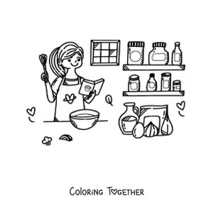 Coloring page of a girl cooking a soup in the kitchen with a recipe book