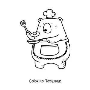 Coloring page of a cute animated cook bear frying an egg