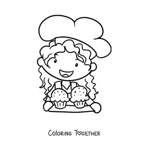 Coloring page of a cute girl cook with a tray of cupcakes