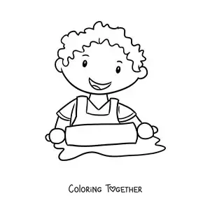 Coloring page of a cute boy cook with a rolling pin