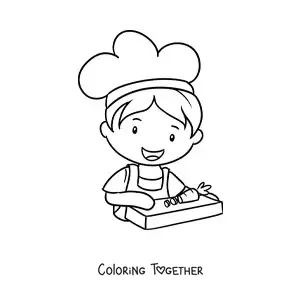 Coloring page of a cute boy cook cutting vegetables
