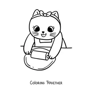 Coloring page of a cute animated cook cat rolling out dough with a rolling pin