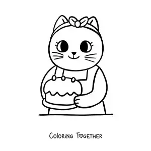 Coloring page of a cute animated cook cat with a cake