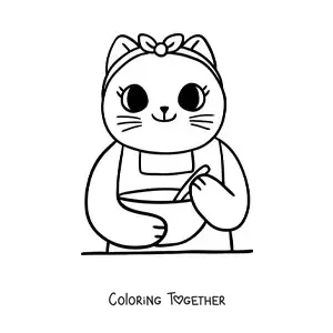 Coloring page of a cute animated cook cat cooking