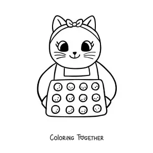 Coloring page of a cute animated cook cat baking cupcakes