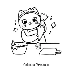 Coloring page of a cute animated cook cat decorating cupcakes in the kitchen
