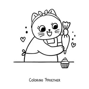 Coloring page of a cute cook cat decorating cupcakes