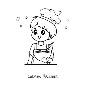 Coloring page of a cute animated chef cooking
