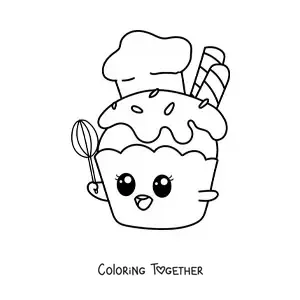 Coloring page of a cute animated cupcake chef with a mixer