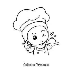 Coloring page of a cute animated Muslim chef